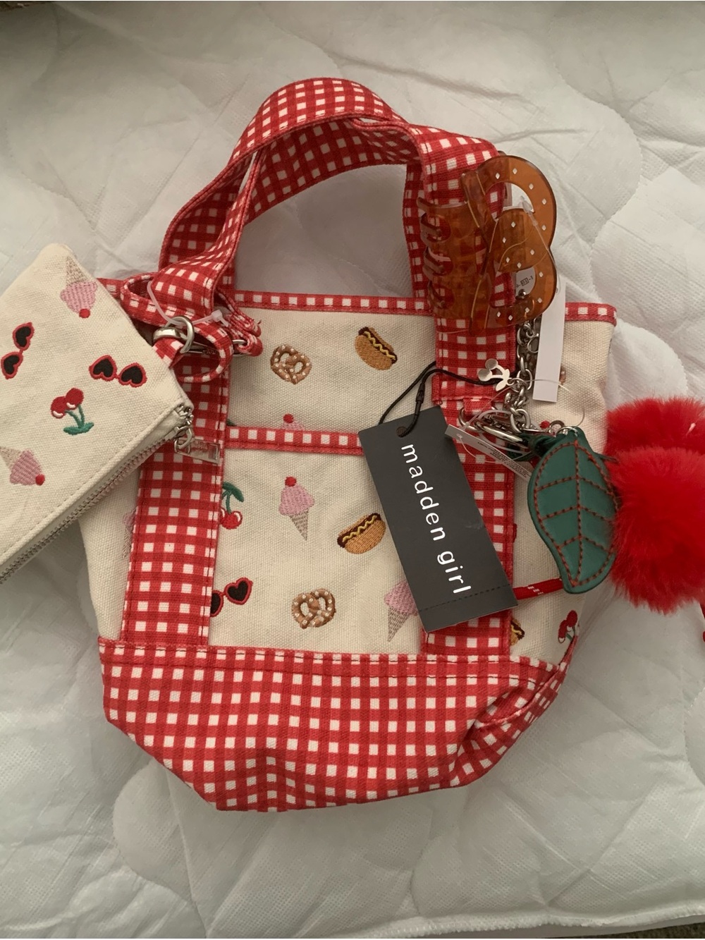 Madden Girl Red Gingham Mini Tote with Dessert Embroidery and Charm